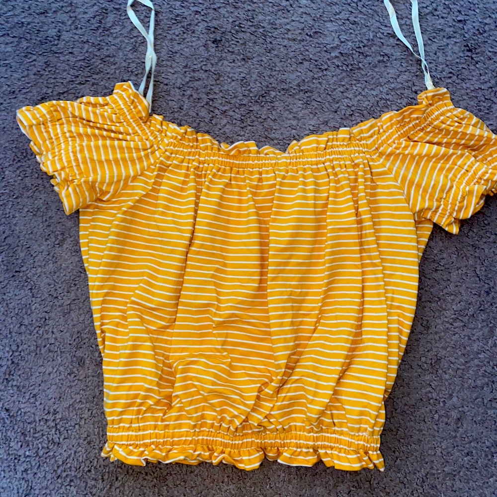 Yellow Wth White Striped Off The Shoulder Crop Top